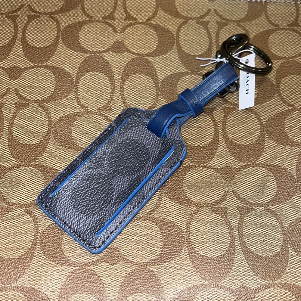 Coach New York Signature Luggage Tag blue charcoal new Key Ring Key FOB keyring